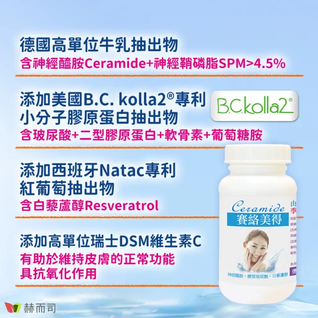 【赫而司】升級四代德國神經醯胺2罐(120錠吃的小分子膠原口服玻尿酸軟骨素葡萄糖胺白藜蘆醇維他命C賽絡美)