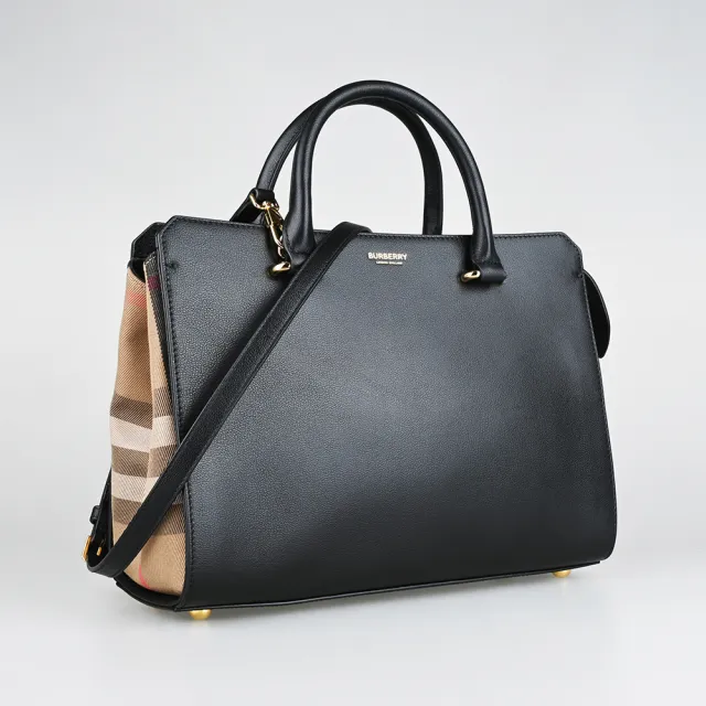 【BURBERRY 巴寶莉】BURBERRY BANWELL 字母LOGO牛皮搭格紋帆布肩背斜背包(黑x米)