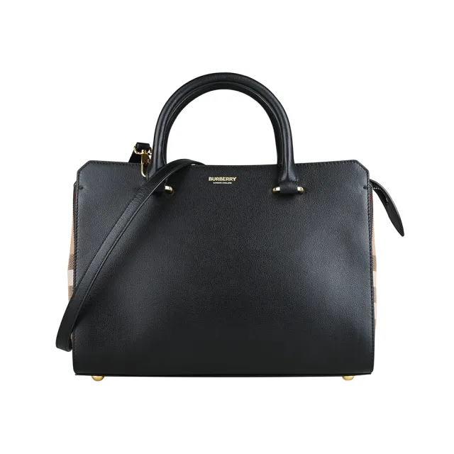 【BURBERRY 巴寶莉】BURBERRY BANWELL 字母LOGO牛皮搭格紋帆布肩背斜背包(黑x米)