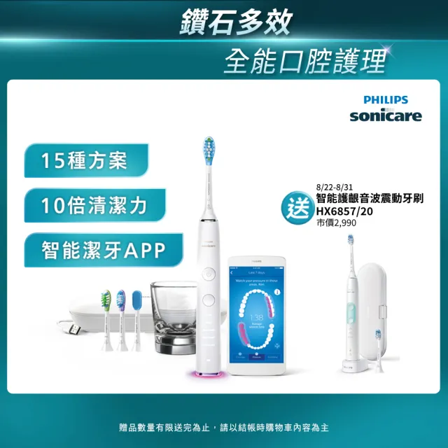 【Philips 飛利浦】官方直營 Sonicare  鑽白極淨智能鑽石音波震動牙刷/電動牙刷-晶鑽白HX9924/02
