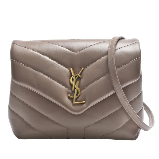 【YSL】LOULOU系列V字縫線金色金屬LOGO小牛皮斜背包(小-棕色678401-DV707-2846)（其他規格）