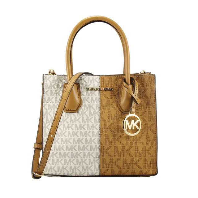 【Michael Kors】MERCER新款雙拼滿版PVC LOGO寬底手提/肩背/斜背包(咖啡白)（其他規格）