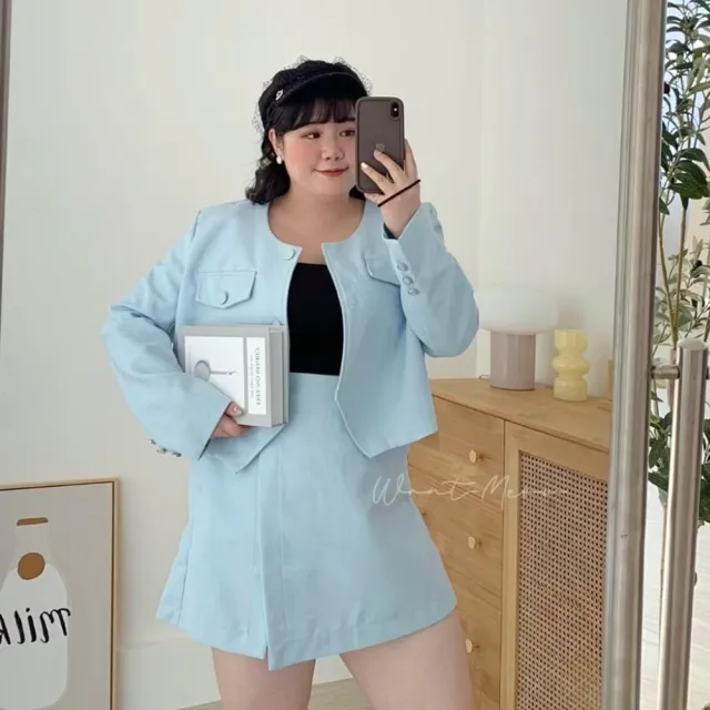 【Want-Meow】90公斤可穿/韓系小香風兩件套金釦不對稱短裙套裝兩件組(大碼/大尺碼/加大碼/套裝)