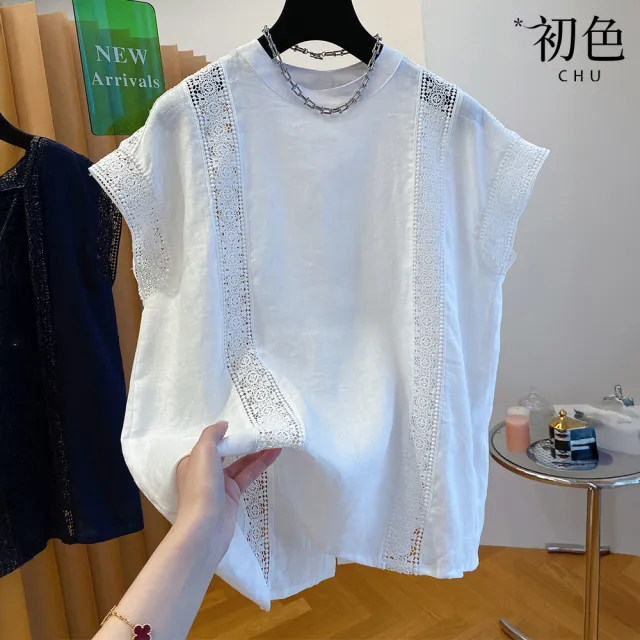 【初色】日系氣質蕾絲拼接鏤空寬鬆小飛袖圓領T恤上衣女上衣-共2色-14377(M-2XL可選)