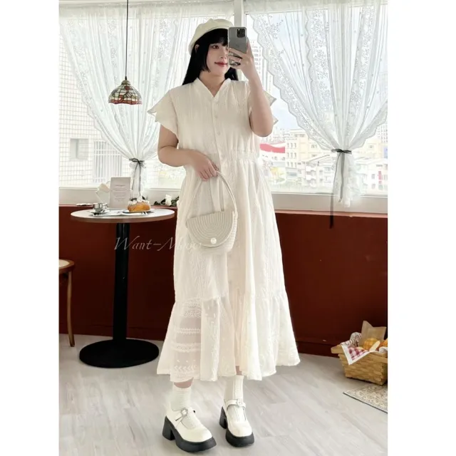【Want-Meow】90公斤可穿/高級感V領蕾絲顯瘦連身洋裝(大碼/大尺碼/加大碼/洋裝/婚禮穿搭/婚紗)