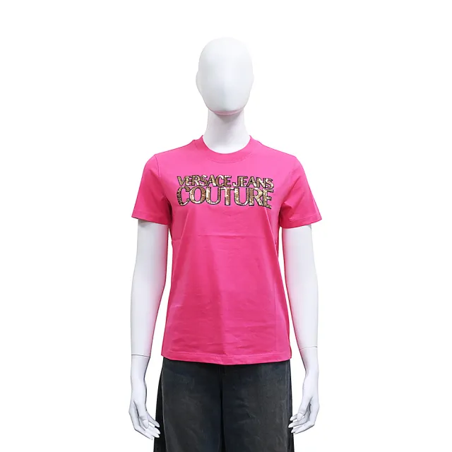 【VERSACE 凡賽斯】VERSACE JEANS亮片字母設計純棉短袖T恤(女款/粉)