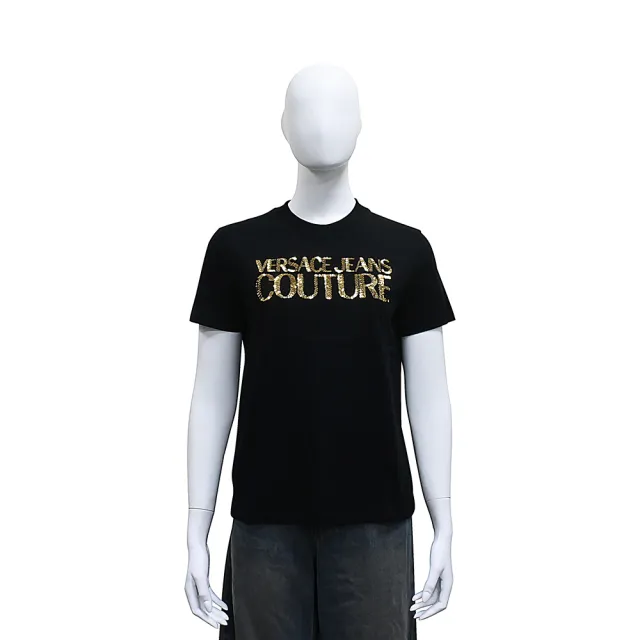 【VERSACE 凡賽斯】VERSACE JEANS亮片字母設計純棉短袖T恤(女款/黑)