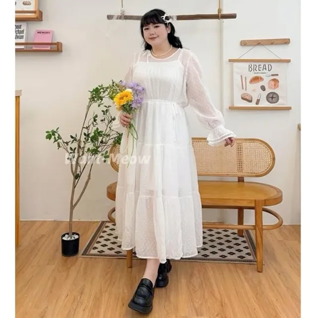【Want-Meow】90公斤可穿/高級感點點透紗兩件式洋裝(大碼/大尺碼/加大碼/洋裝/婚禮穿搭/婚紗)