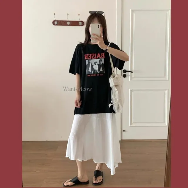 【Want-Meow】90公斤可穿/設計感拼接雪紡圖案寬鬆洋裝(大碼/大尺碼/加大碼/洋裝)