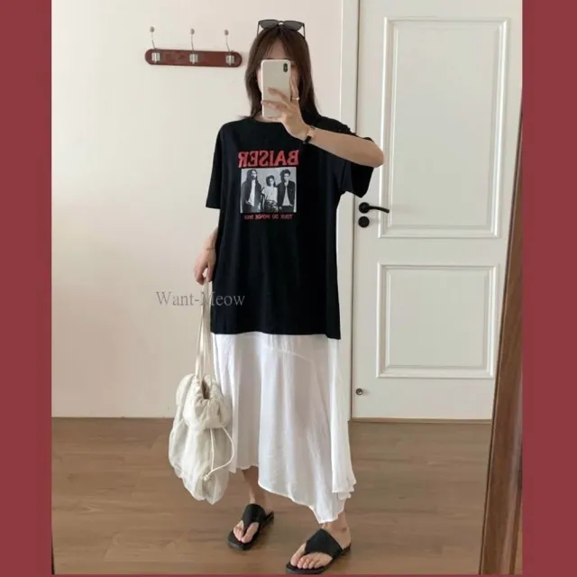 【Want-Meow】90公斤可穿/設計感拼接雪紡圖案寬鬆洋裝(大碼/大尺碼/加大碼/洋裝)
