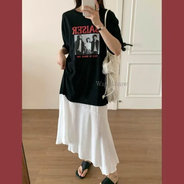 【Want-Meow】90公斤可穿/設計感拼接雪紡圖案寬鬆洋裝(大碼/大尺碼/加大碼/洋裝)