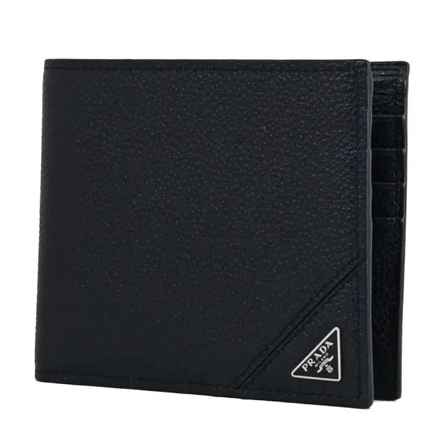 【PRADA 普拉達】經典三角LOGO荔枝牛皮雙層8卡對折短夾(深藍)