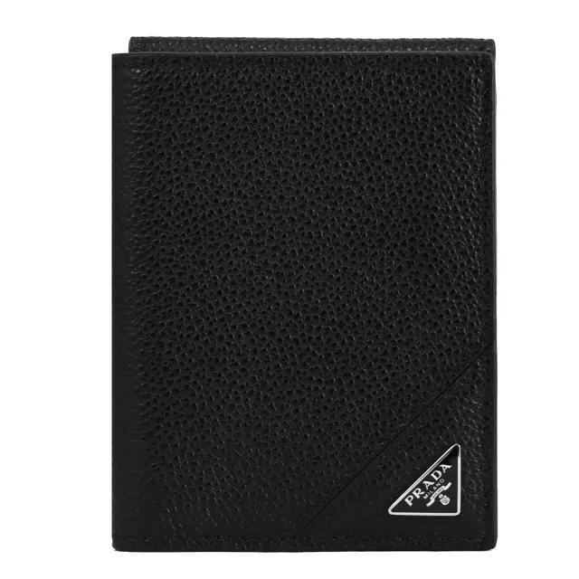 【PRADA 普拉達】簡約經典三角LOGO荔枝牛皮三折簡易小短夾(黑)