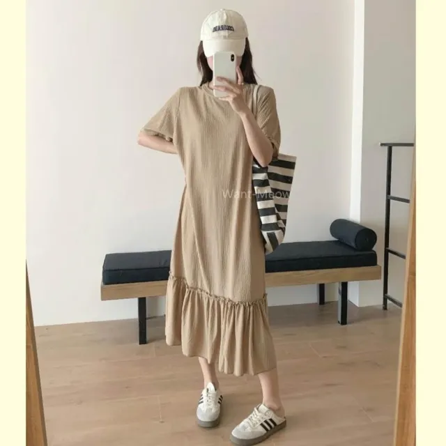 【Want-Meow】95公斤可穿/設計感韓系簡約短袖波浪紋魚尾寬鬆洋裝(大碼/大尺碼/加大碼/洋裝)