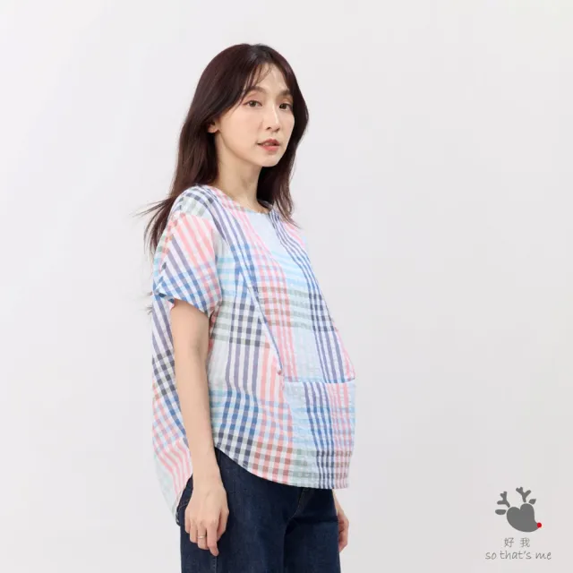 【so that’s me 好我】Debbie 方型小蓋袖拼接棉質上衣(彩格紋)