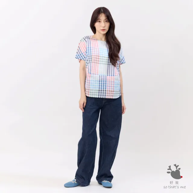 【so that’s me 好我】Debbie 方型小蓋袖拼接棉質上衣(彩格紋)