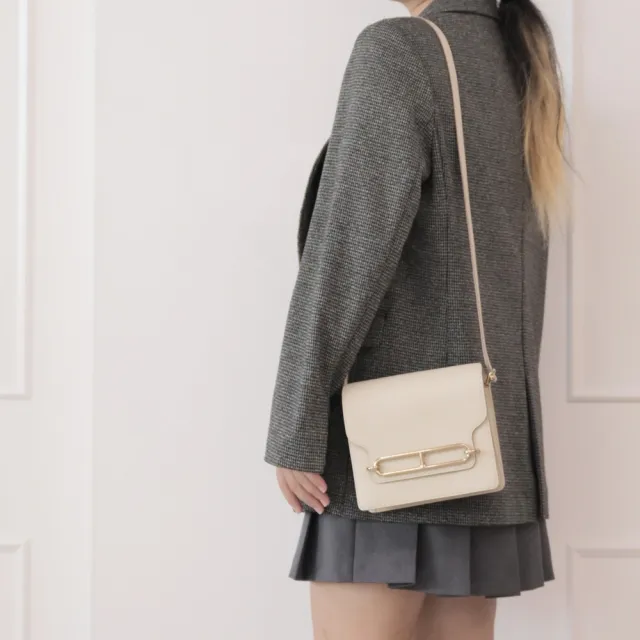 【Hermes 愛馬仕】Mini Roulis 18 簡約金屬LOGO小牛皮翻蓋斜背包(白)