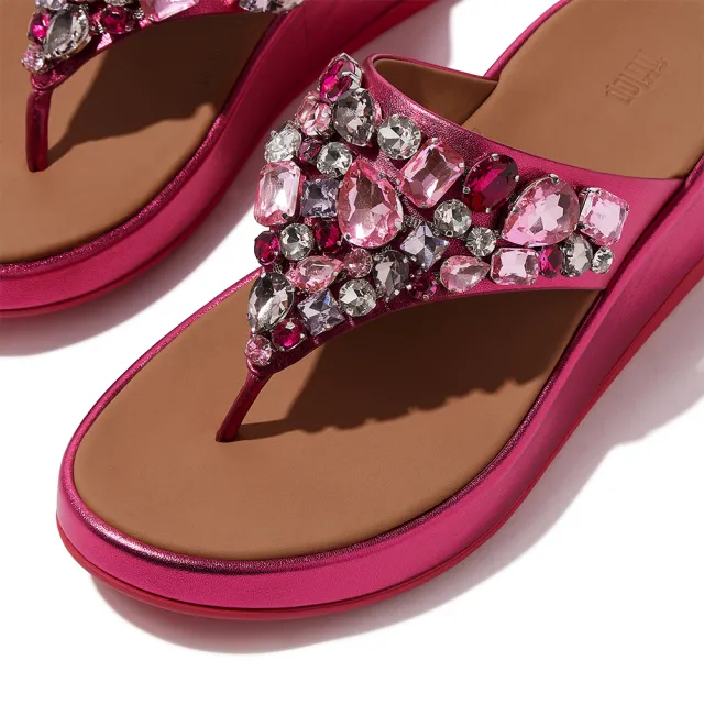 【FitFlop】F-MODE 華麗寶石金屬皮革厚底夾腳涼鞋-女(兩色)