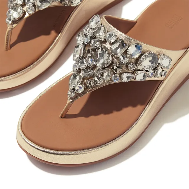【FitFlop】F-MODE 華麗寶石金屬皮革厚底夾腳涼鞋-女(兩色)