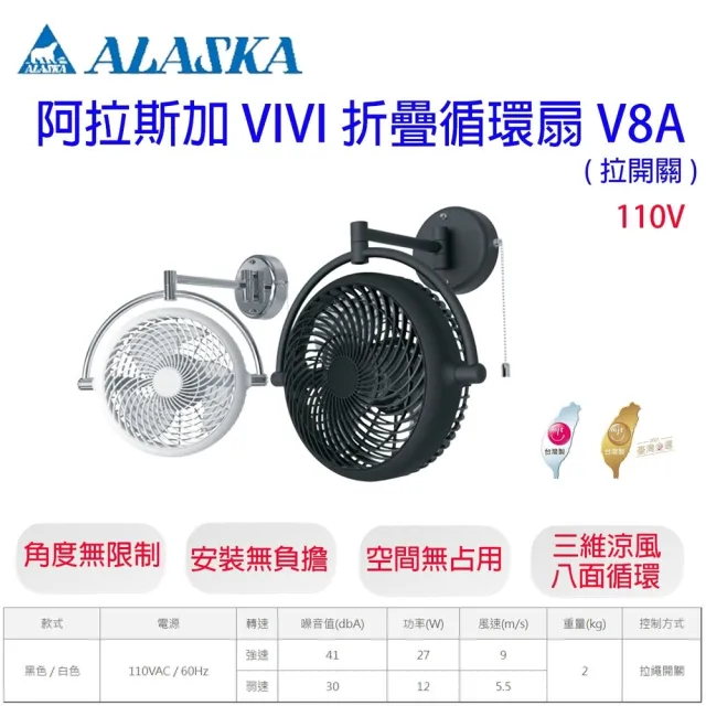 【ALASKA 阿拉斯加】V8A 8吋 壁扇 VIVI 折疊循環扇 風扇 電扇 拉開關式 風扇 110V(黑色 / 白色)