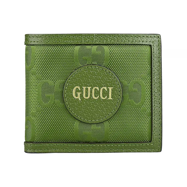 【GUCCI 古馳】GUCCI Off the Grid 燙印LOGO牛皮拼接緹花尼龍8卡對折短夾(森林綠)