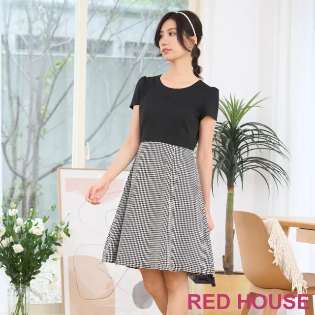 【RED HOUSE 蕾赫斯】質感千鳥格拼接洋裝(黑色)