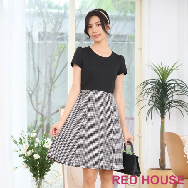 【RED HOUSE 蕾赫斯】質感千鳥格拼接洋裝(黑色)