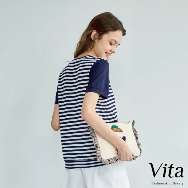 【MYSHEROS 蜜雪兒】VITA 棉質造型上衣 條紋拼接 小櫻桃飾品(深藍)