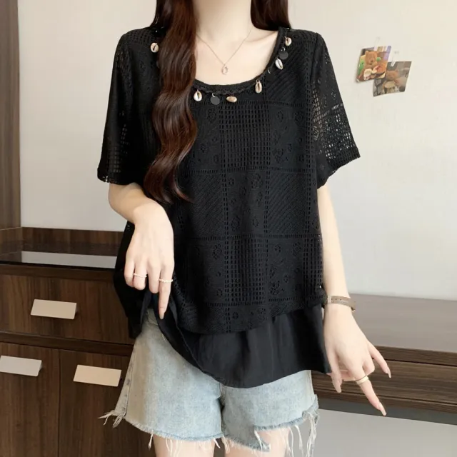 【ALLK 歐楷】新品 簍空拼接長版上衣 2色(尺寸L-XXL/中大尺碼/涼爽/透氣)
