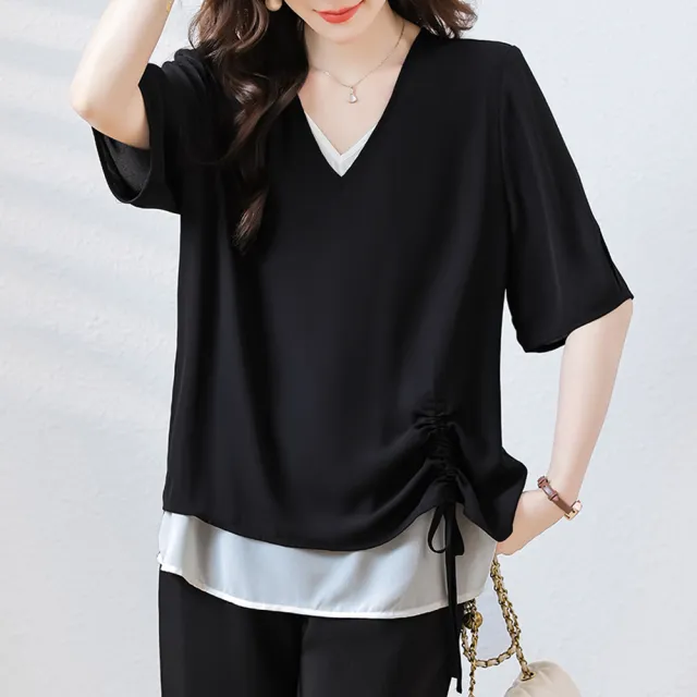 【ALLK 歐楷】新品 假兩件長版上衣 黑色(尺寸L-XXL/中大尺碼/涼爽/透氣)