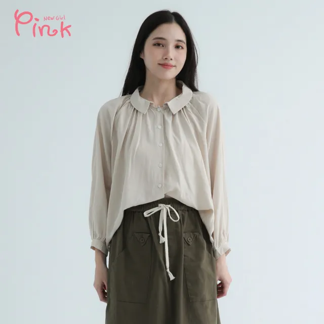 【PINK NEW GIRL】翻領抓皺連袖天絲襯衫 X3212CE