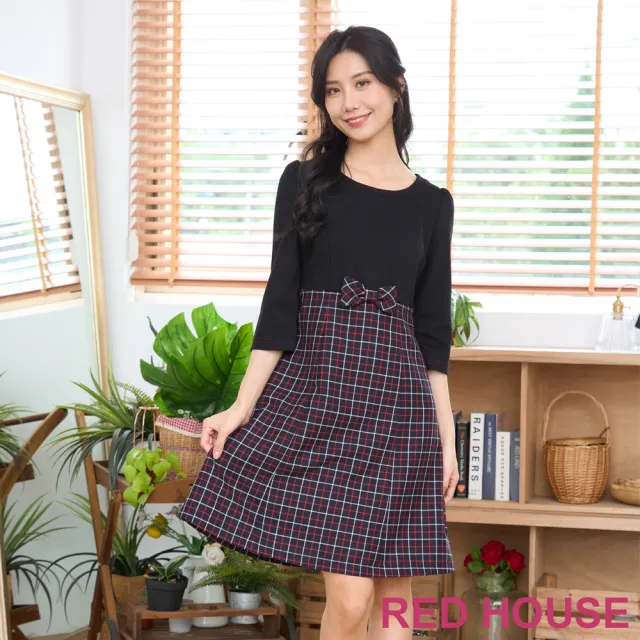 【RED HOUSE 蕾赫斯】英倫風格紋拼接七分袖洋裝(黑色)