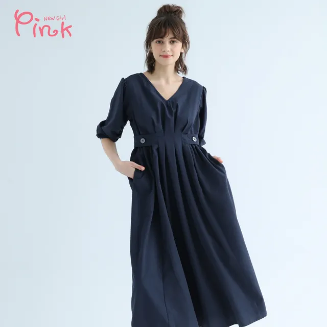 【PINK NEW GIRL】優美高腰七分袖口袋洋裝 X1105LB(2色)