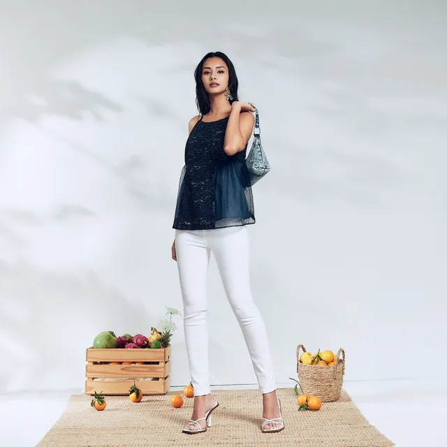 【ICHE 衣哲】Cop.Copine 法國原裝進口深藍蕾絲拼紗性感背心上衣