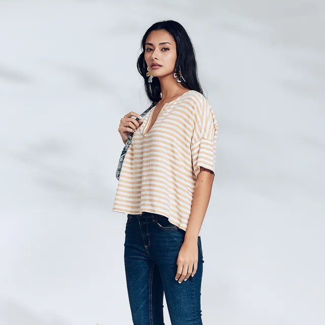 【ICHE 衣哲】Cop.Copine 法國原裝進口法式條紋V領寬鬆上衣