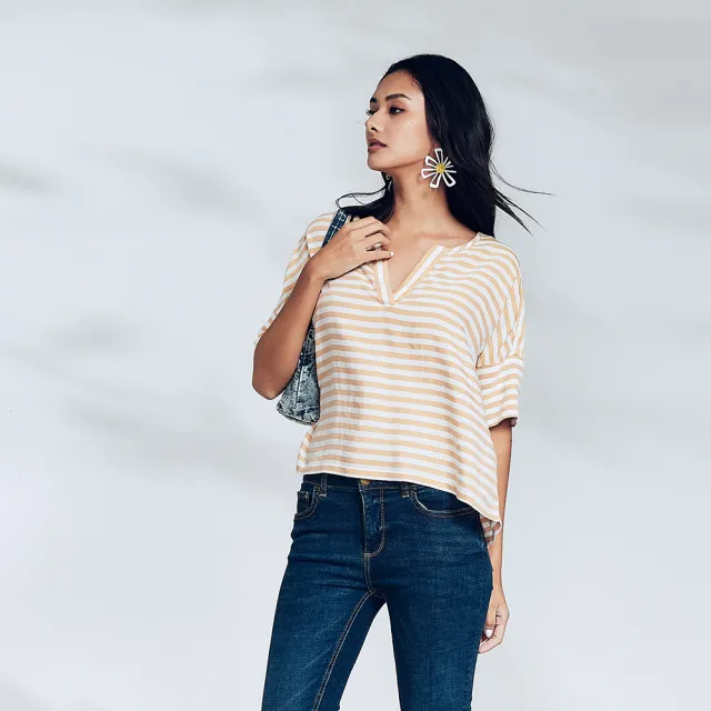 【ICHE 衣哲】Cop.Copine 法國原裝進口法式條紋V領寬鬆上衣