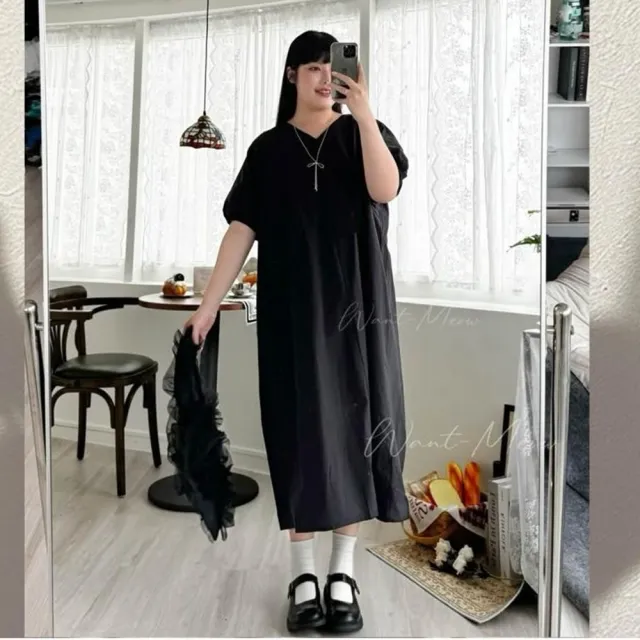 【Want-Meow】100公斤可穿/韓系Ｖ領短袖蓬蓬袖寬鬆洋裝(大碼/大尺碼/加大碼/洋裝)