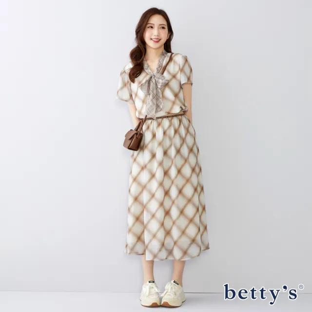 【betty’s 貝蒂思】鬆緊腰格紋拼接雪紡長裙(共二色)