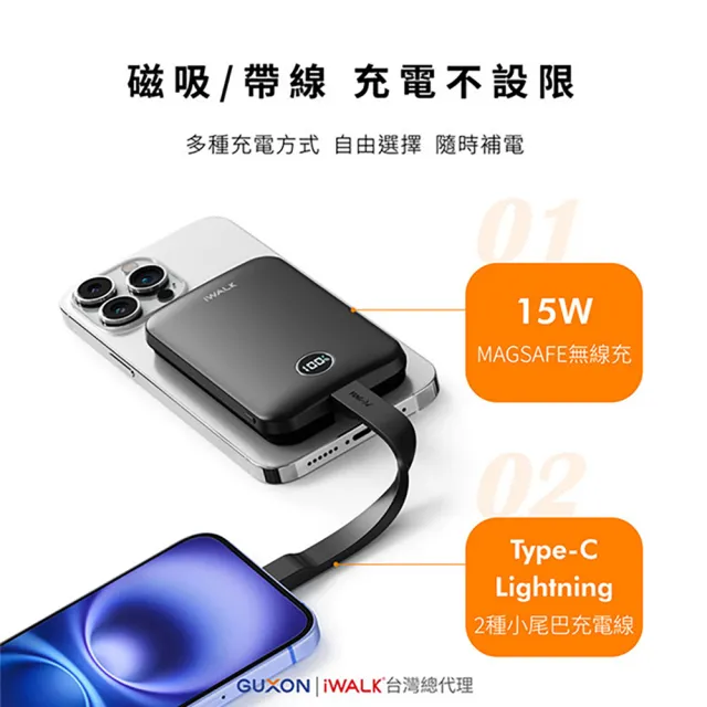 【iWALK】MAGO 10000mAh磁吸帶線行動電源/有標Wh/Qi2認證/快充30W(MXB010任選)