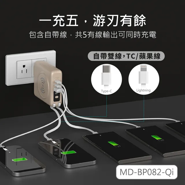 【MINIQ】MD-BP082-Qi 充電器+行動電源二合一 30W快充 10000mAh(手機/蘋果三星手錶無線充/附萬國轉接頭)