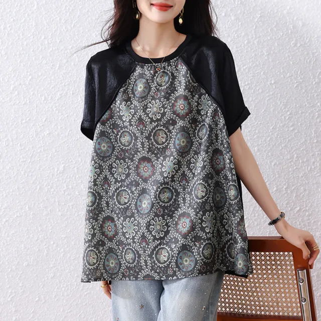 【ALLK 歐楷】新品 印花拼接長版上衣 圖片色(尺寸L-XXL/中大尺碼/涼爽/透氣)