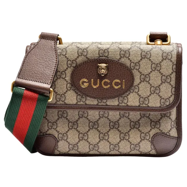 【GUCCI 古馳】經典虎頭標誌GG Supreme帆布印花綠紅綠背帶皮革飾邊拉鍊手拿/斜背信差包(501050-9C2VT-8745)（其他規格）