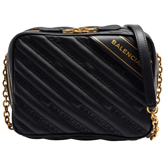 【Balenciaga 巴黎世家】Blanket Reporter XS皮革金色品牌字母浮雕小牛皮拉鍊斜背包(黑502026-0HIA4-1000)(其他規格)