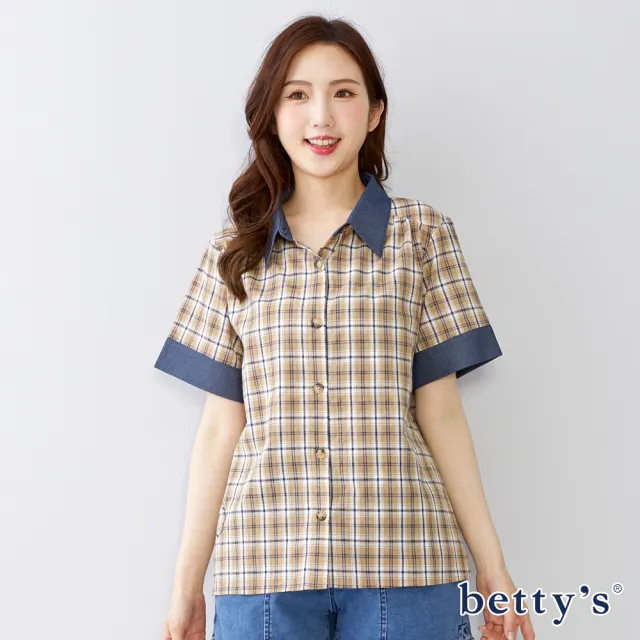 【betty’s 貝蒂思】探頭小熊印花格紋襯衫(卡其)