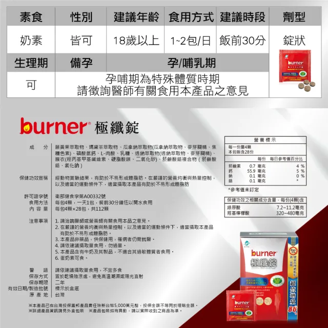 【船井burner倍熱】極纖錠獨家增量版4盒(448顆)+夜孅2袋(40顆)(宋芸樺愛用推薦)