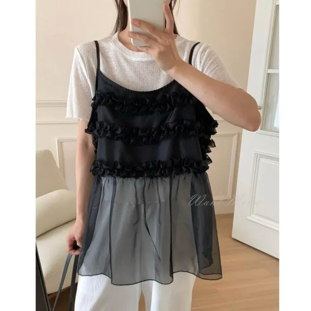 【Want-Meow】90公斤可穿日系木耳設計吊帶透膚背心多層次穿搭(大碼上衣/大碼/大尺碼/背心)