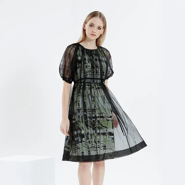 【ICHE 衣哲】Cop.Copine 法國原裝進口黑紗疊層拼接印花洋裝