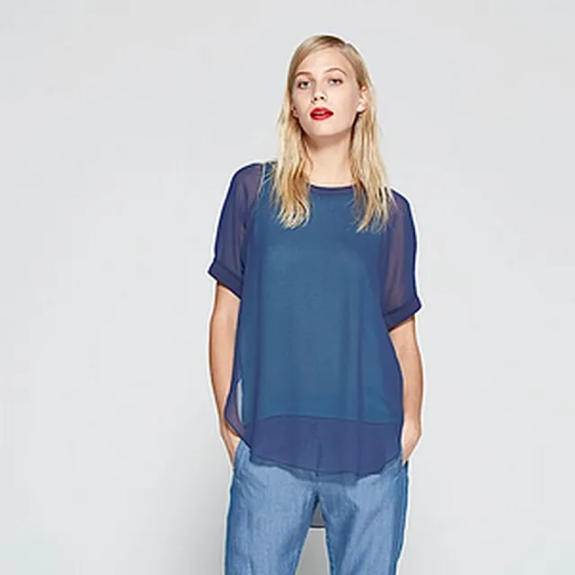 【ICHE 衣哲】Cop.Copine 法國原裝進口疊層假兩件拼接透紗造型上衣