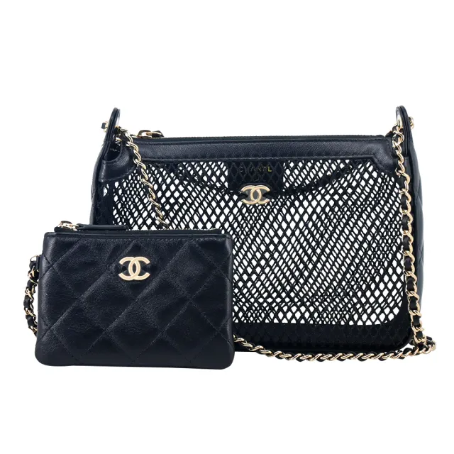 【CHANEL 香奈兒】Clutch with chain 經典雙C LOGO 小羊皮網紗晚宴包(黑色)