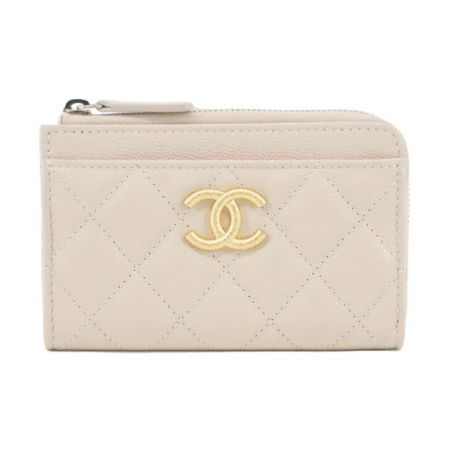 【CHANEL 香奈兒】經典雙C復古LOGO 菱格紋牛皮拉鍊零錢包名片夾(白色)